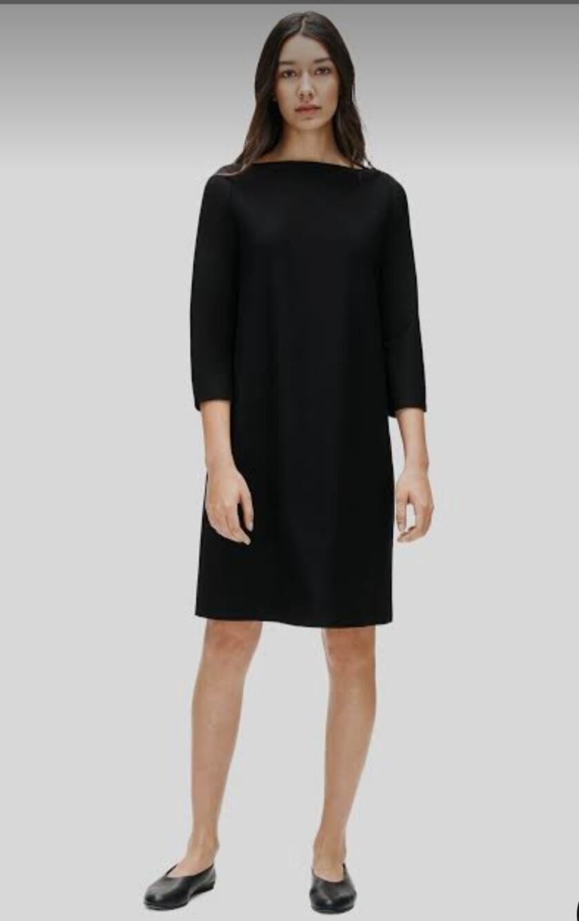 Eileen Fisher Washable Stretch Crepe Bateau Neck Shift Dress Size Large Black